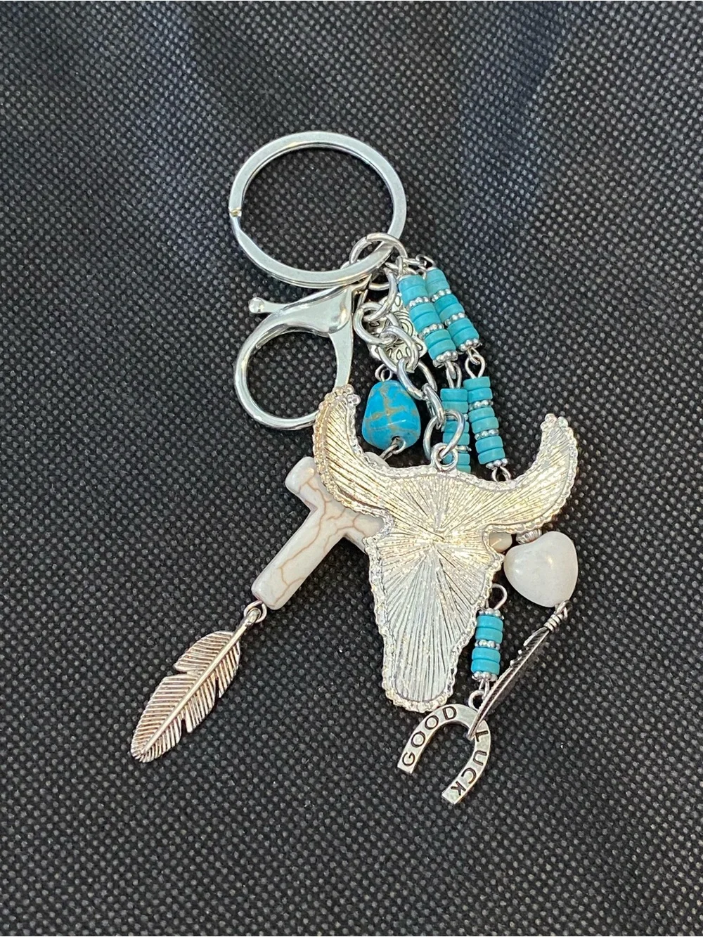 Turquoise Bead Western Bag Charm or Keychain with Longhorn & Cross